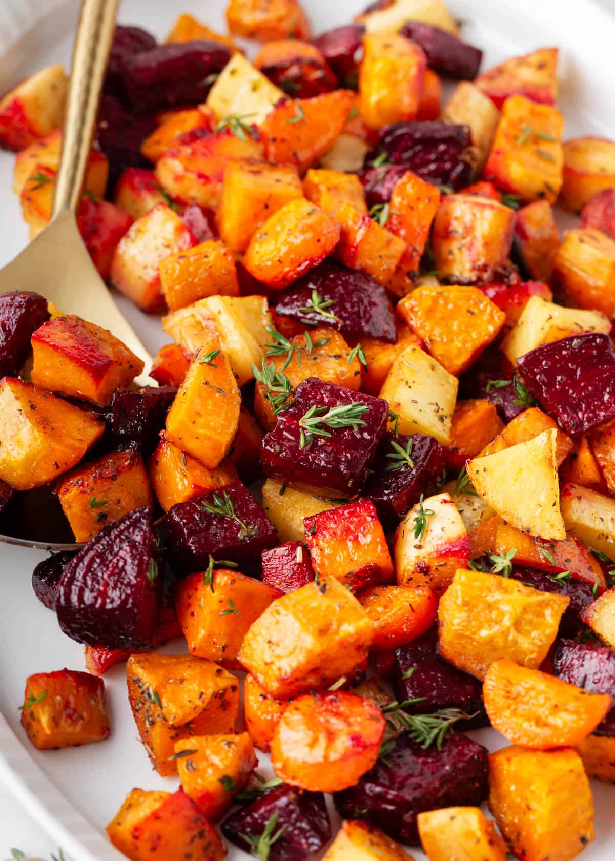 Roasted root vegetables on a platter.