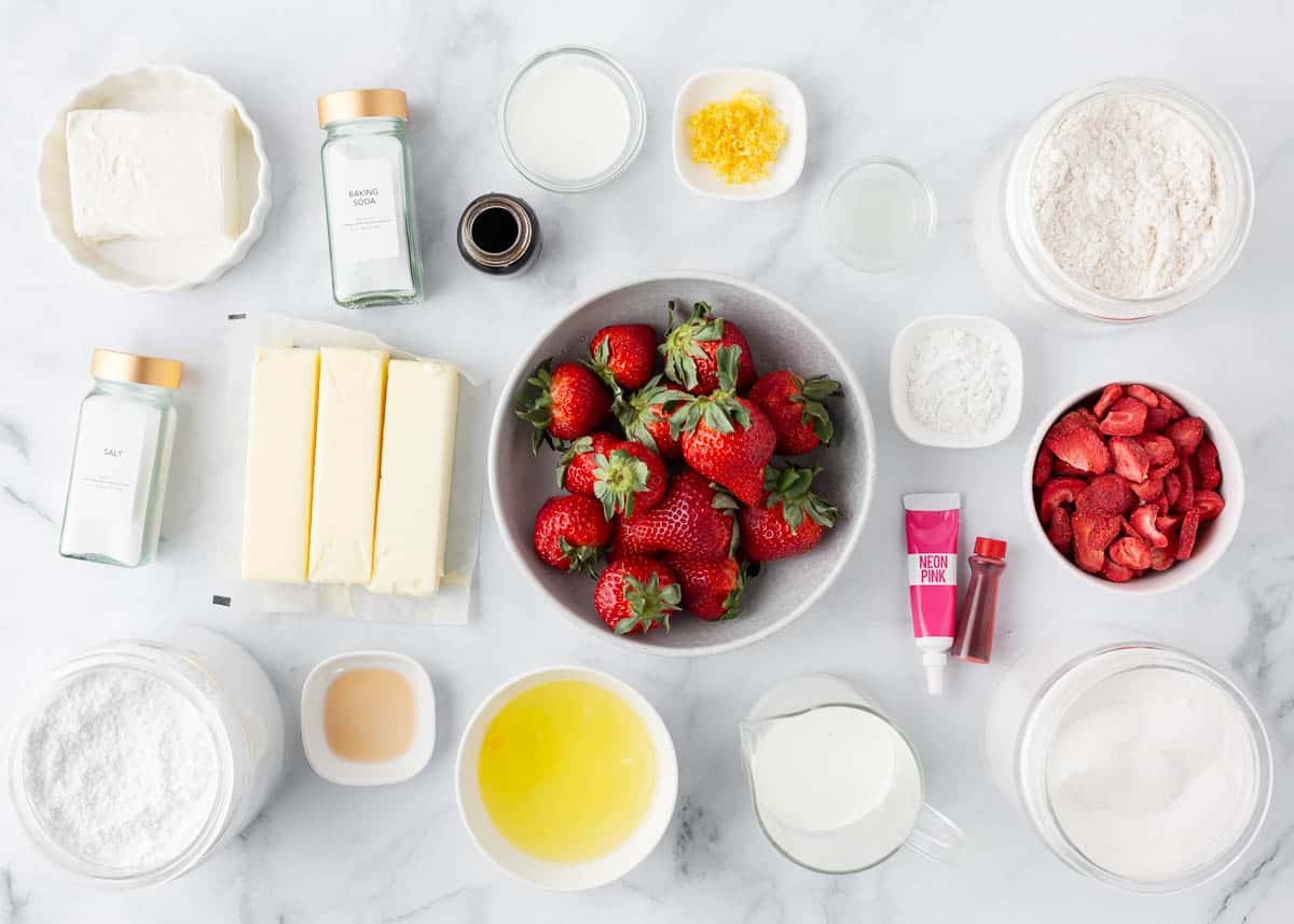 Strawberry cake ingredients on the counter.