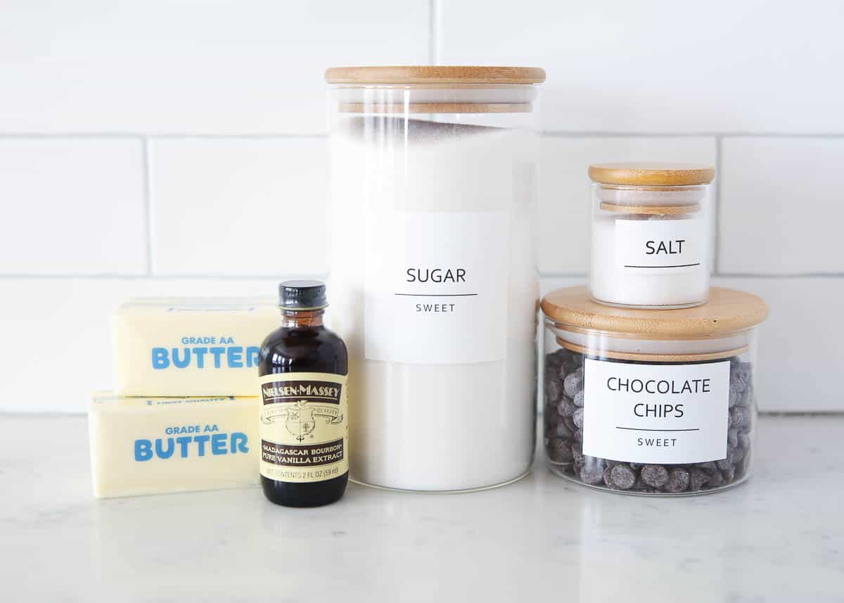 Toffee recipe ingredients on the counter.