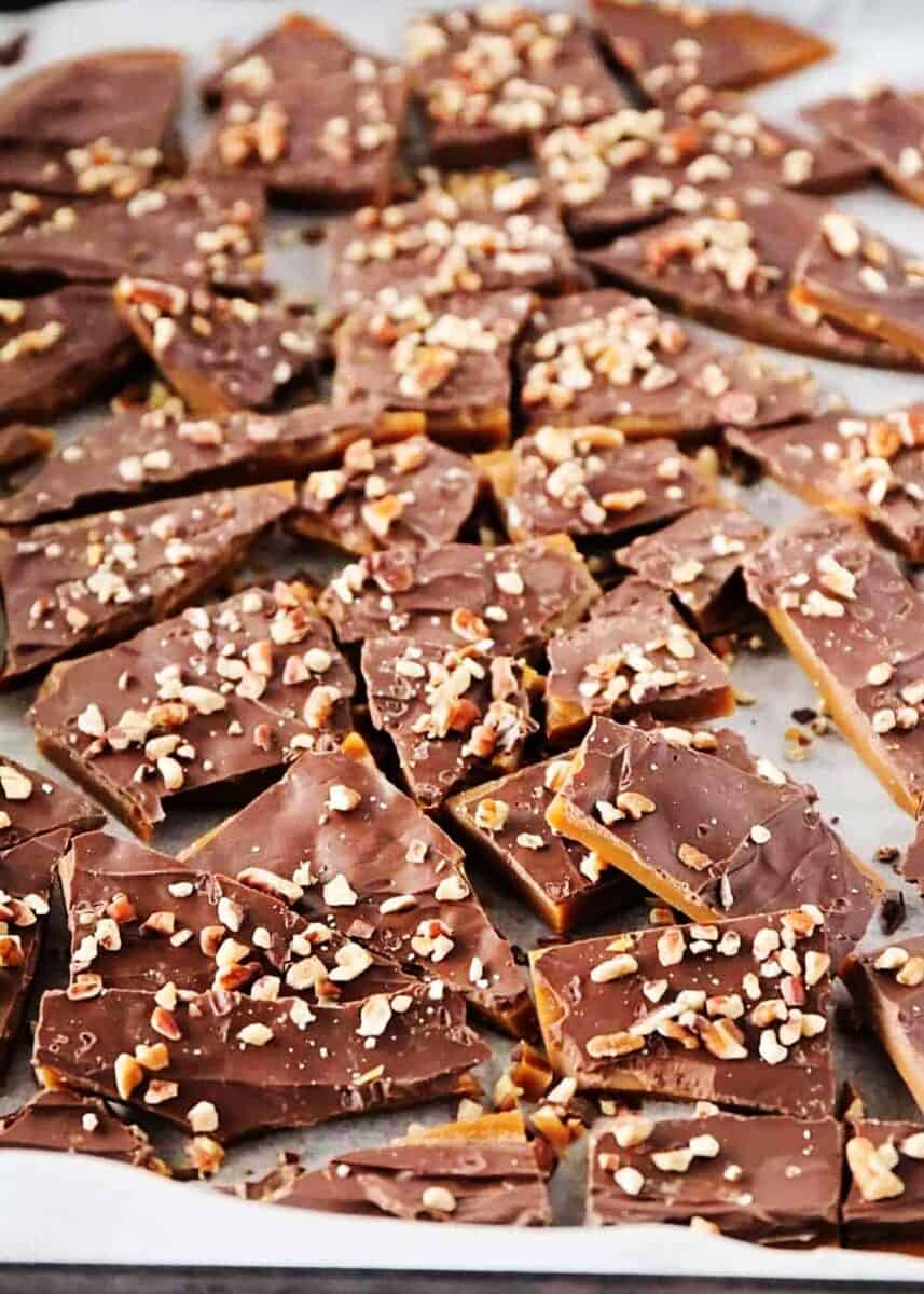 Toffee recipe on the baking sheet.