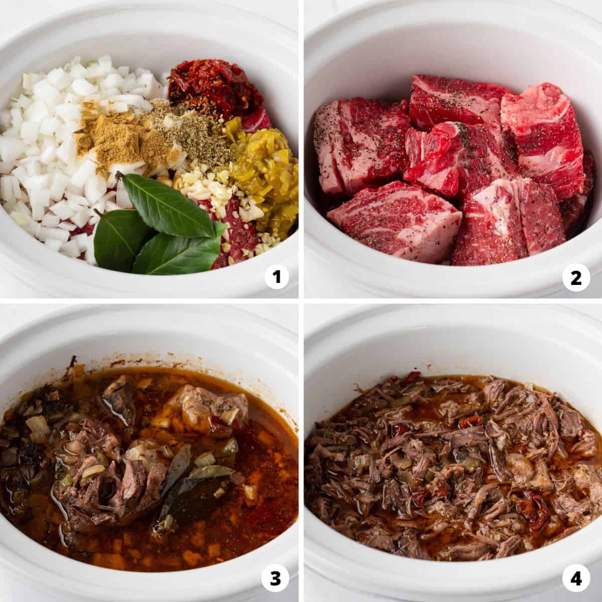 Showing how to make barbacoa in a 4 step collage.