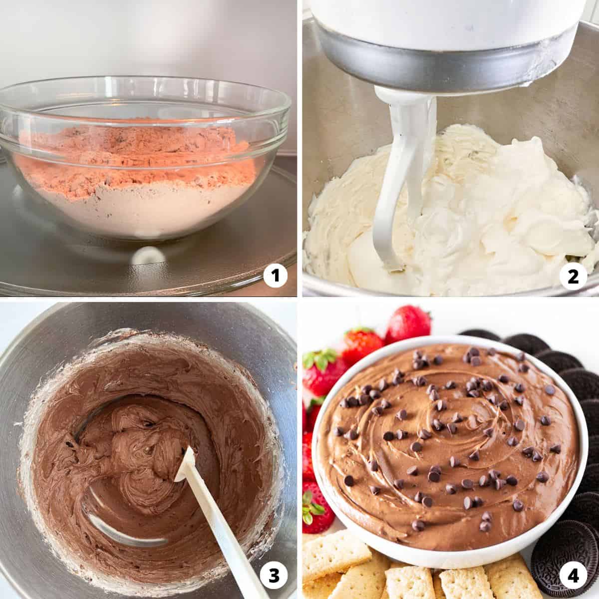 Showing how to make brownie batter dip.