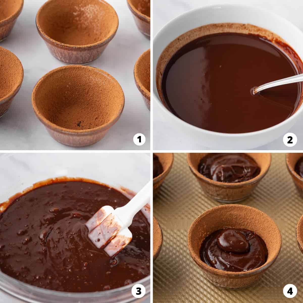 Showing how to make chocolate lava cake in a 4 step collage.