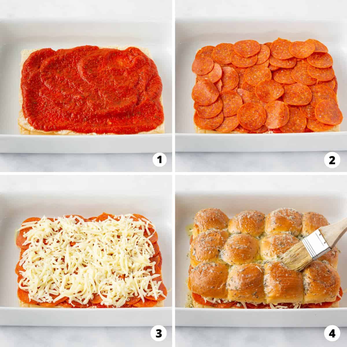 Showing how to make pizza sliders in a 4 step collage.