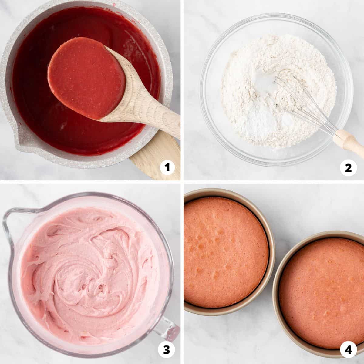 Showing how to make strawberry cake in a 4 step collage.