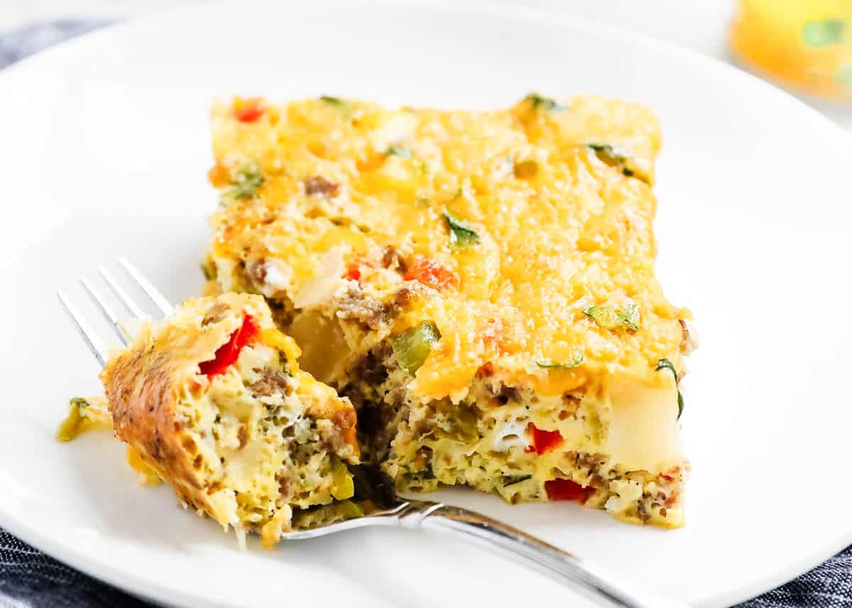 Slice of overnight breakfast casserole.