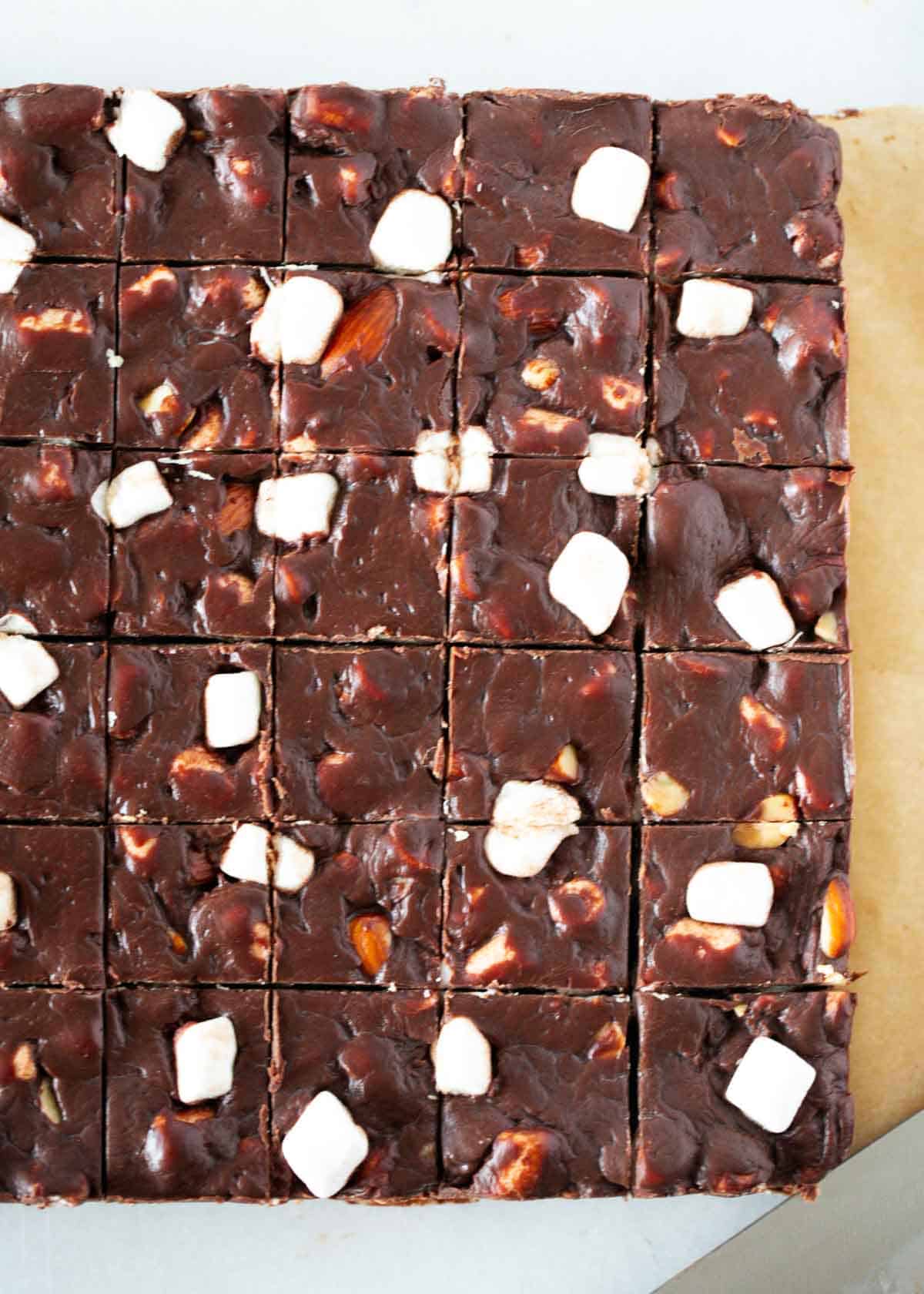 Sliced rocky road fudge in a pan.