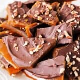 Best toffee recipe on a white plate.