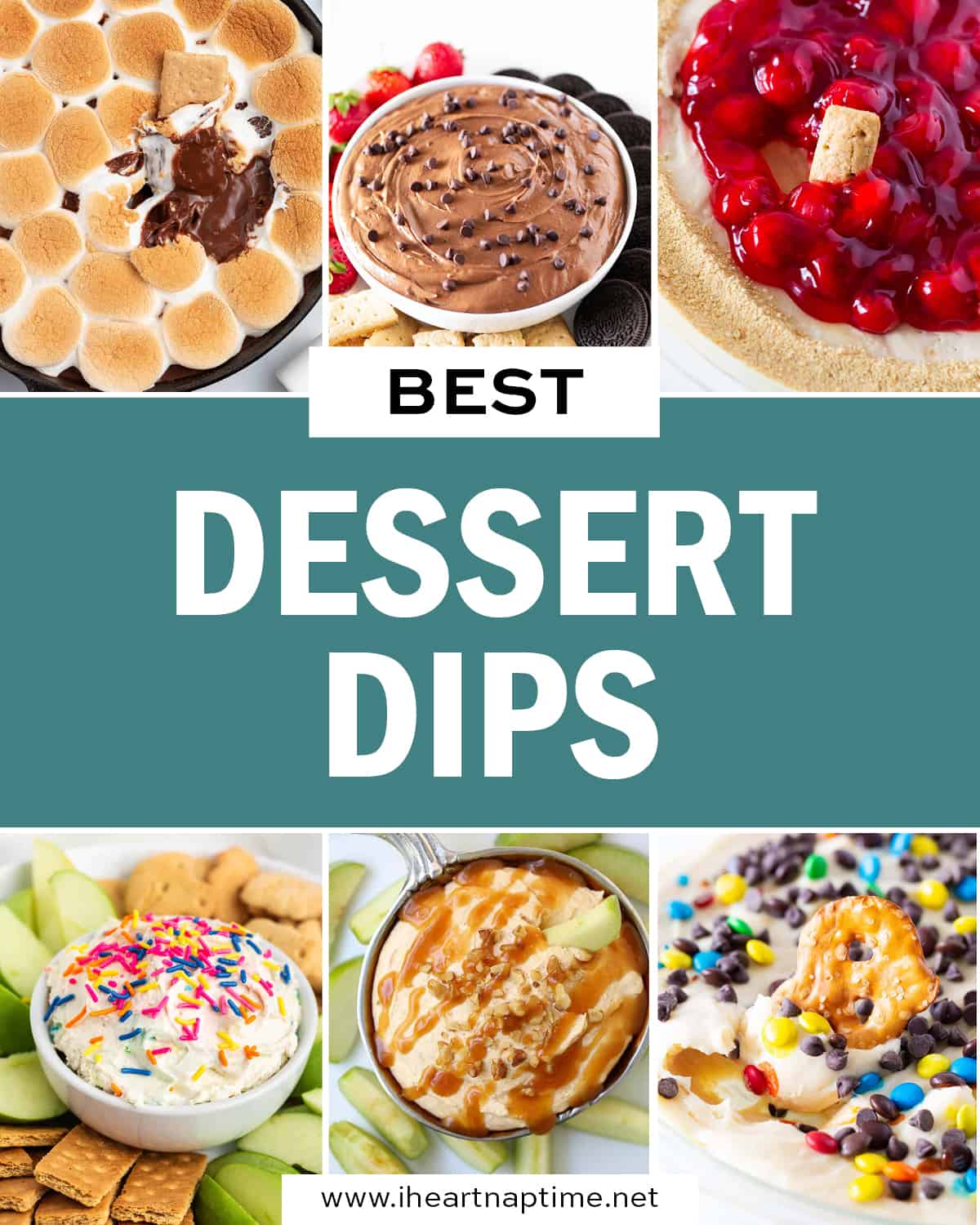 A photo collage of dessert dip recipes.