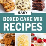 A photo collage with boxed cake mix recipes.