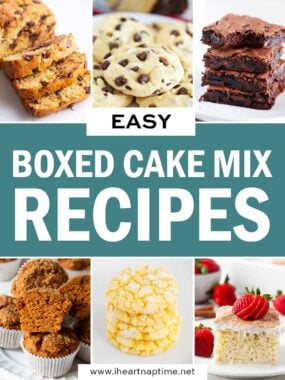A photo collage with boxed cake mix recipes.