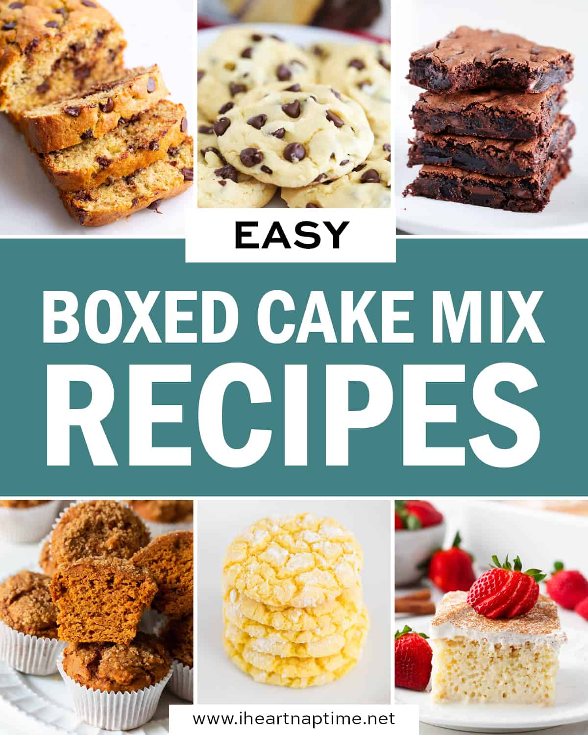 A photo collage with boxed cake mix recipes.