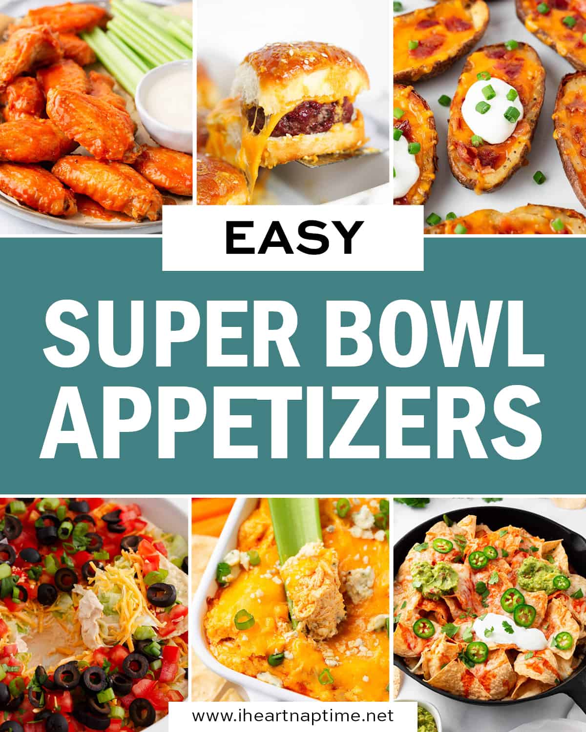 A photo collage of Super Bowl appetizer recipes.