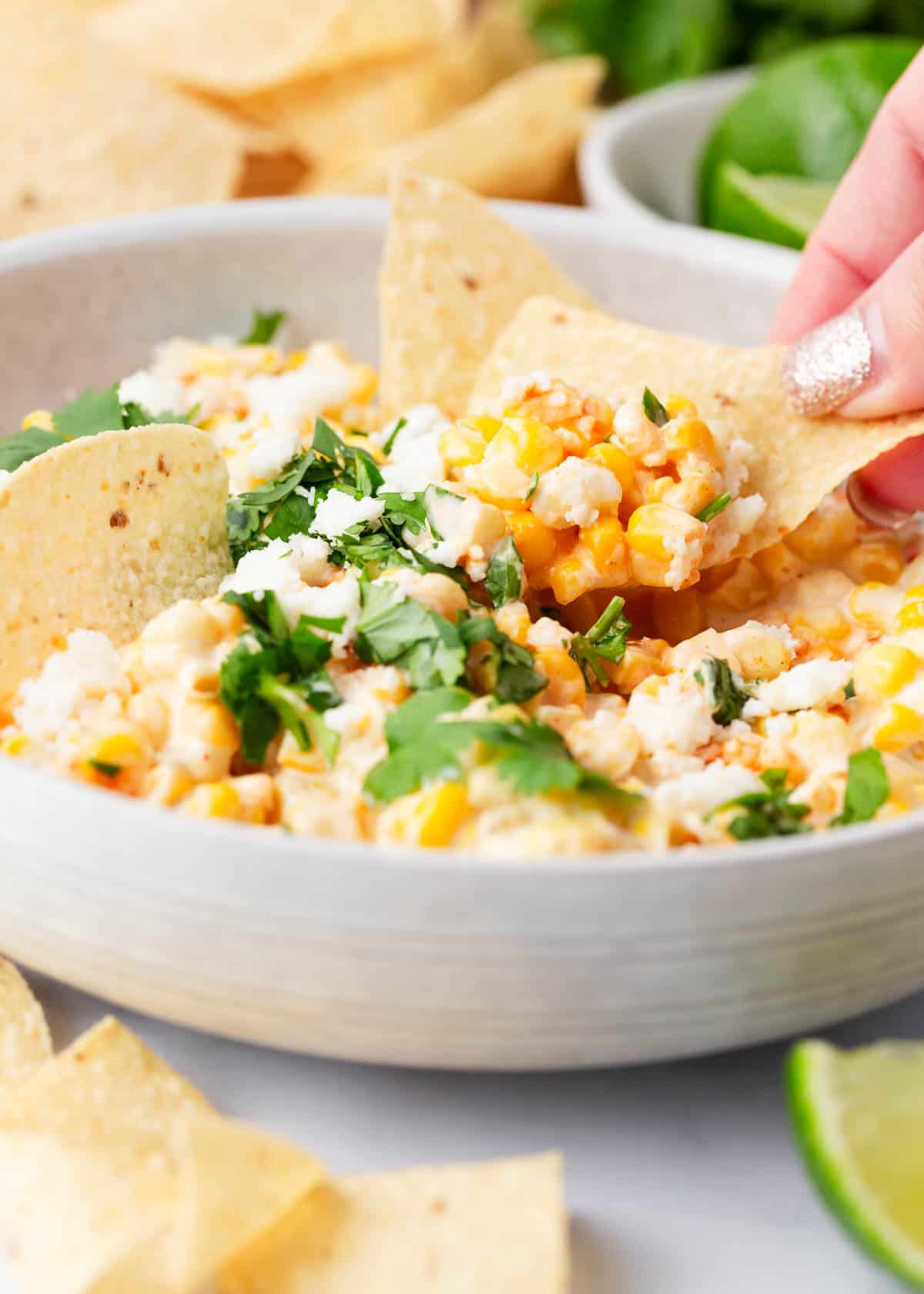 Elote dip in a bowl. 