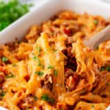 Spoonful of ground beef casserole.