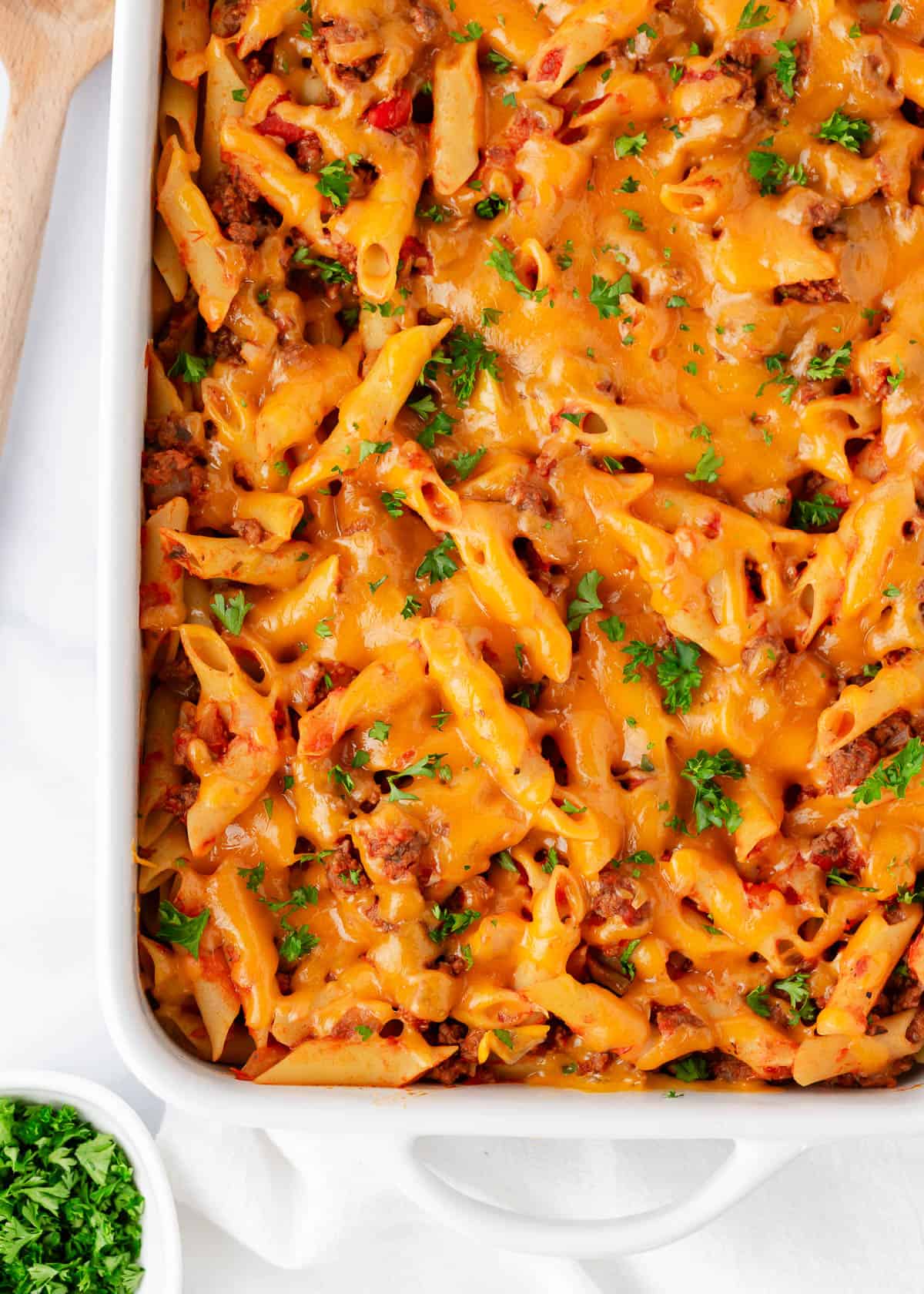 Ground beef casserole in a baking dish.