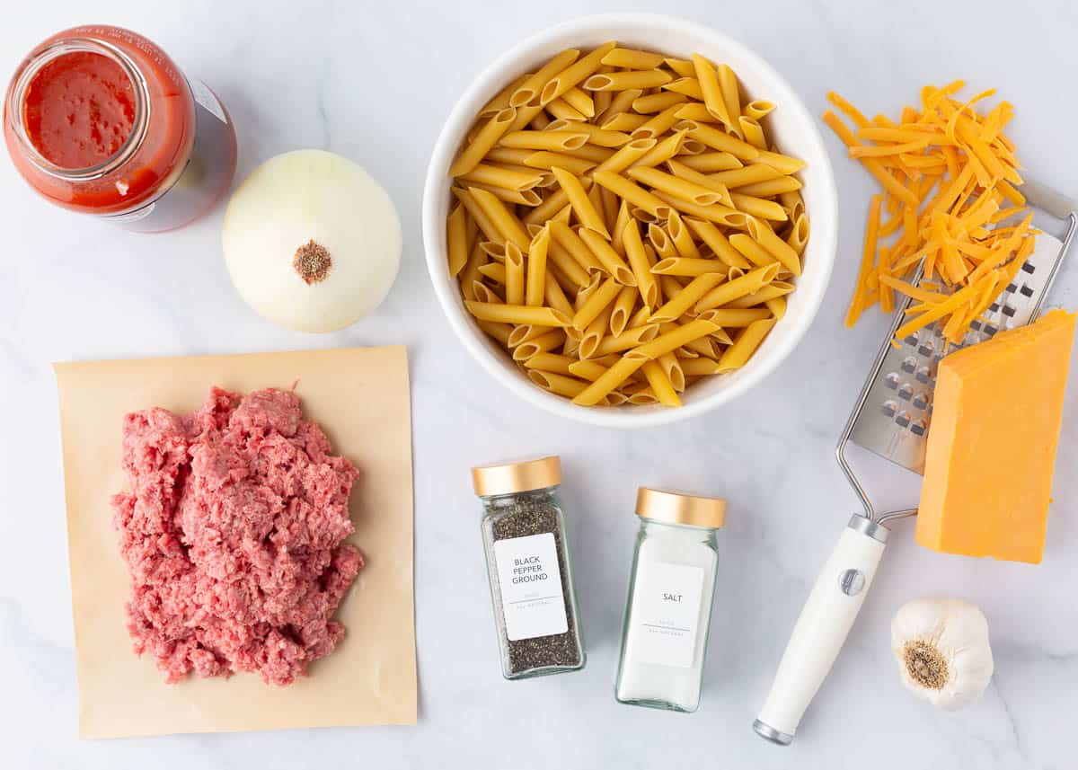 Ground beef casserole ingredients on the counter.