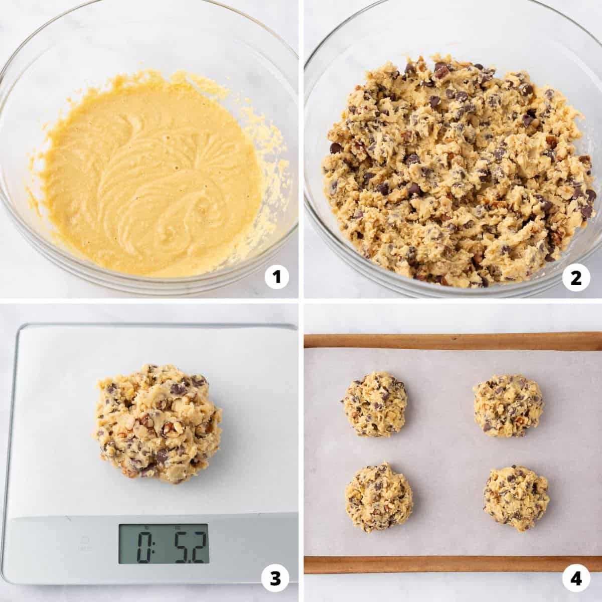 Showing how to make levain cookies in a 4 step collage.