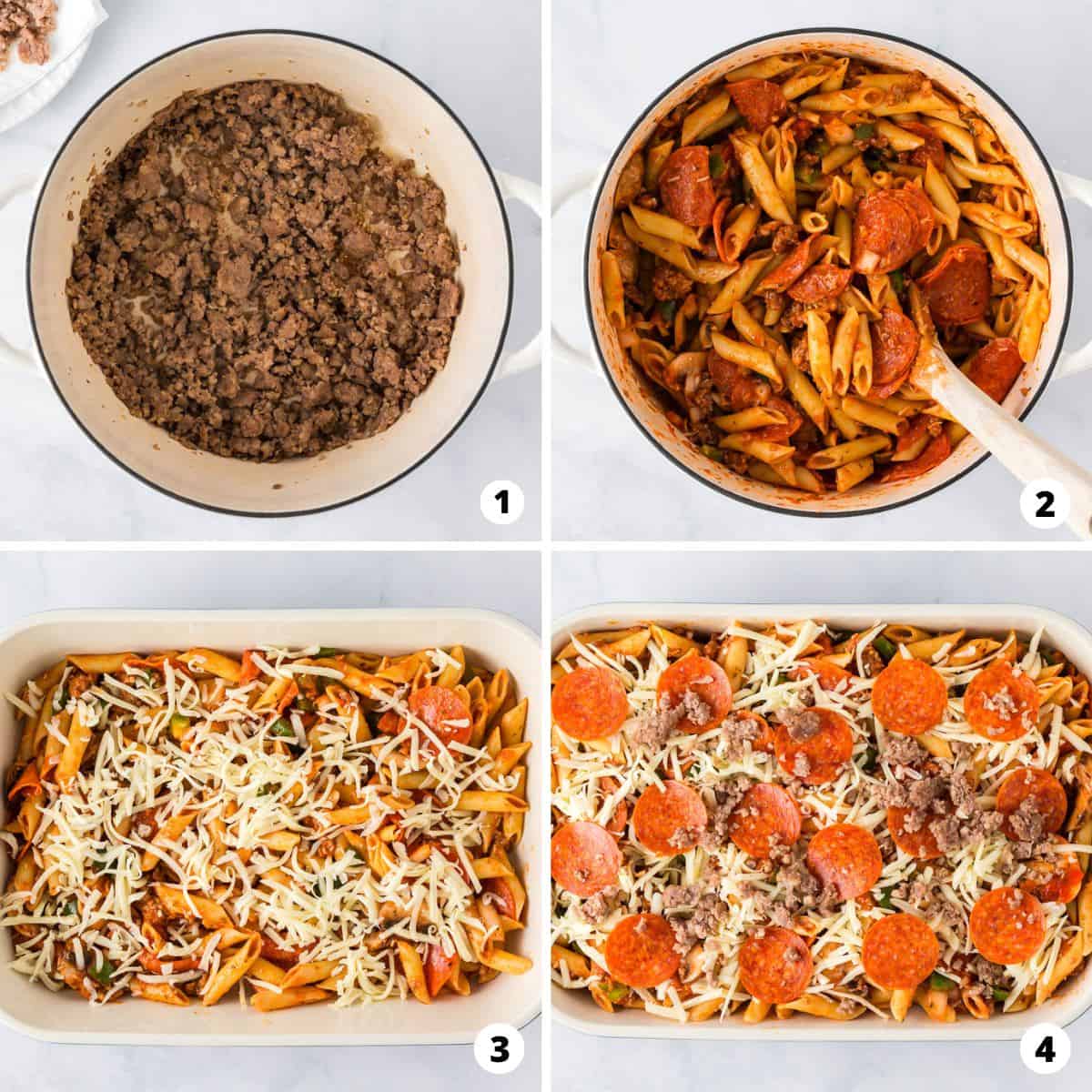 Showing how to make pizza casserole in a 4 step collage. 