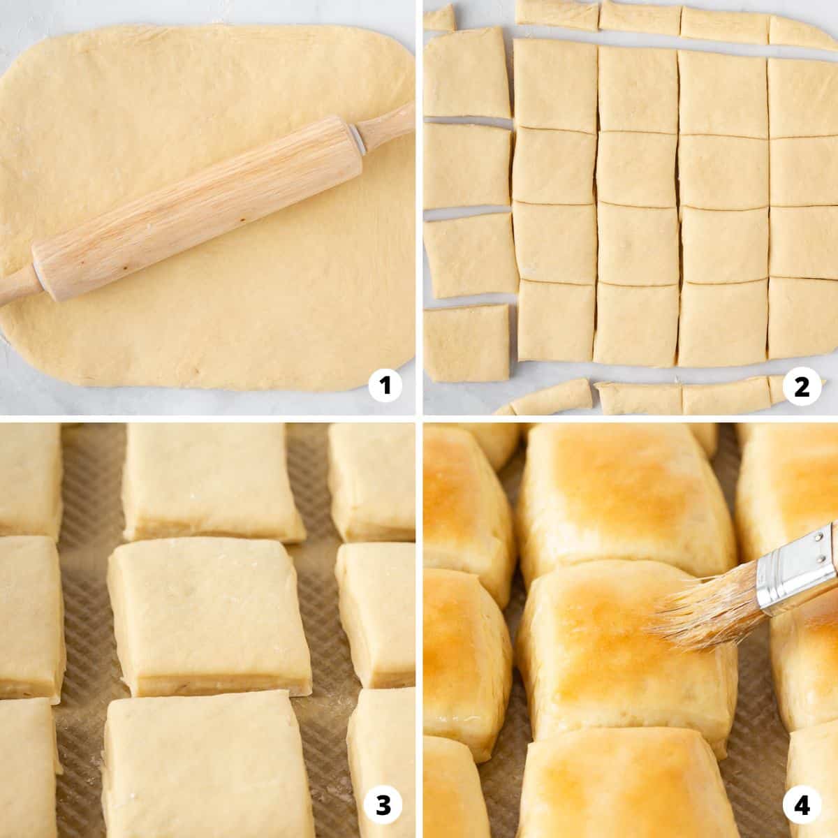 Showing how to make Texas Roadhouse Rolls in a 4 Step Collage.