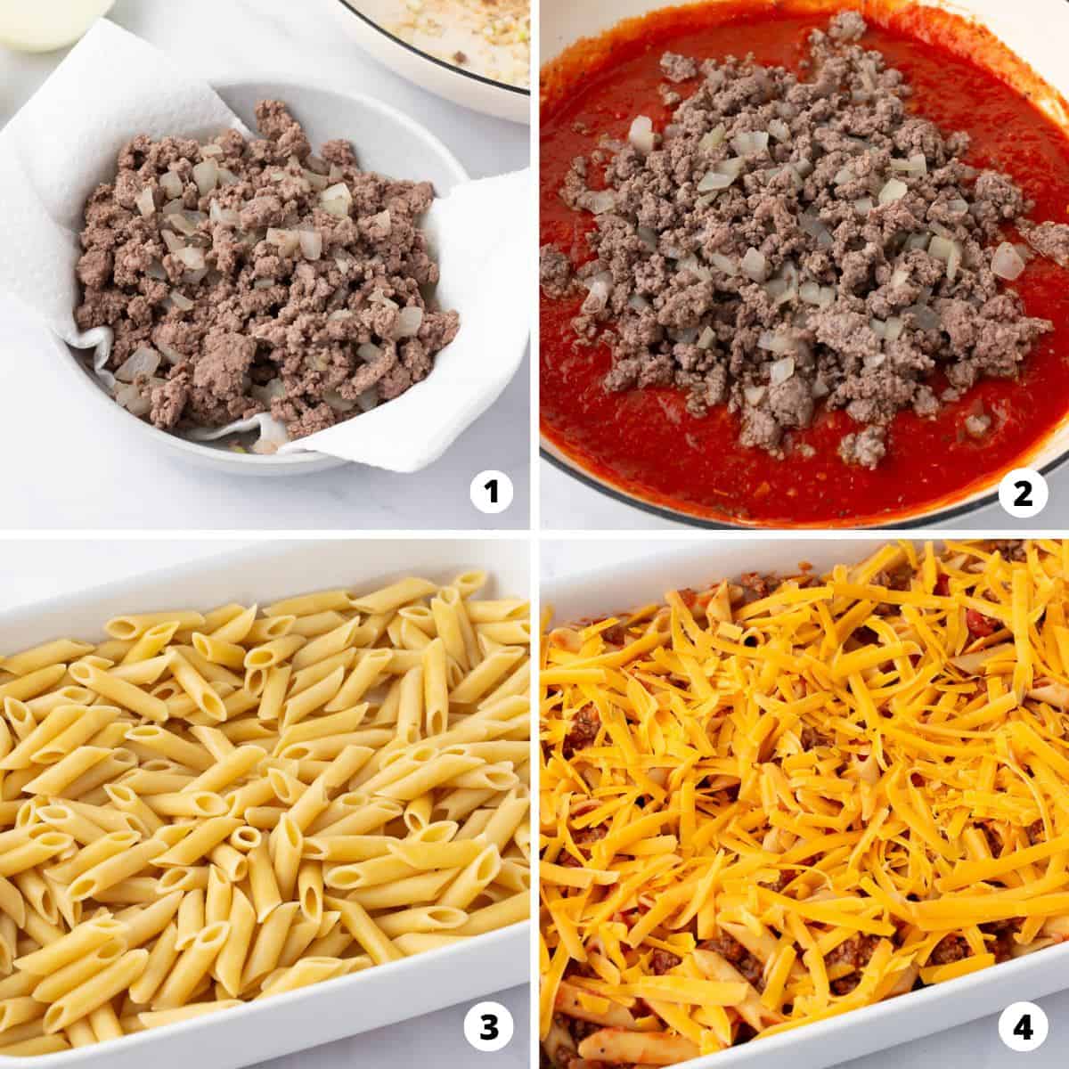 Showing how to make ground beef casserole in a 4 step collage.