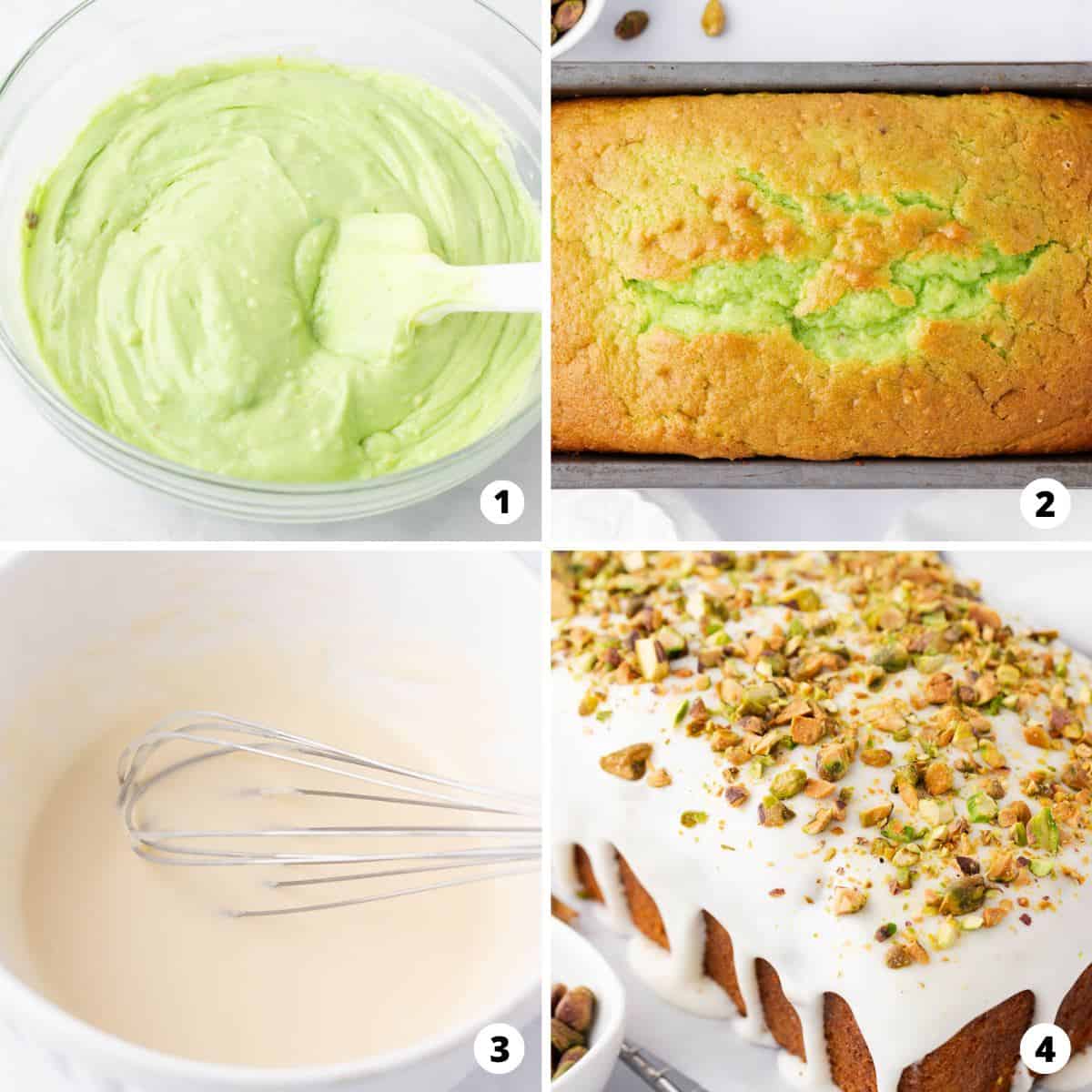 Showing how to make pistachio bread in a 4 step collage.