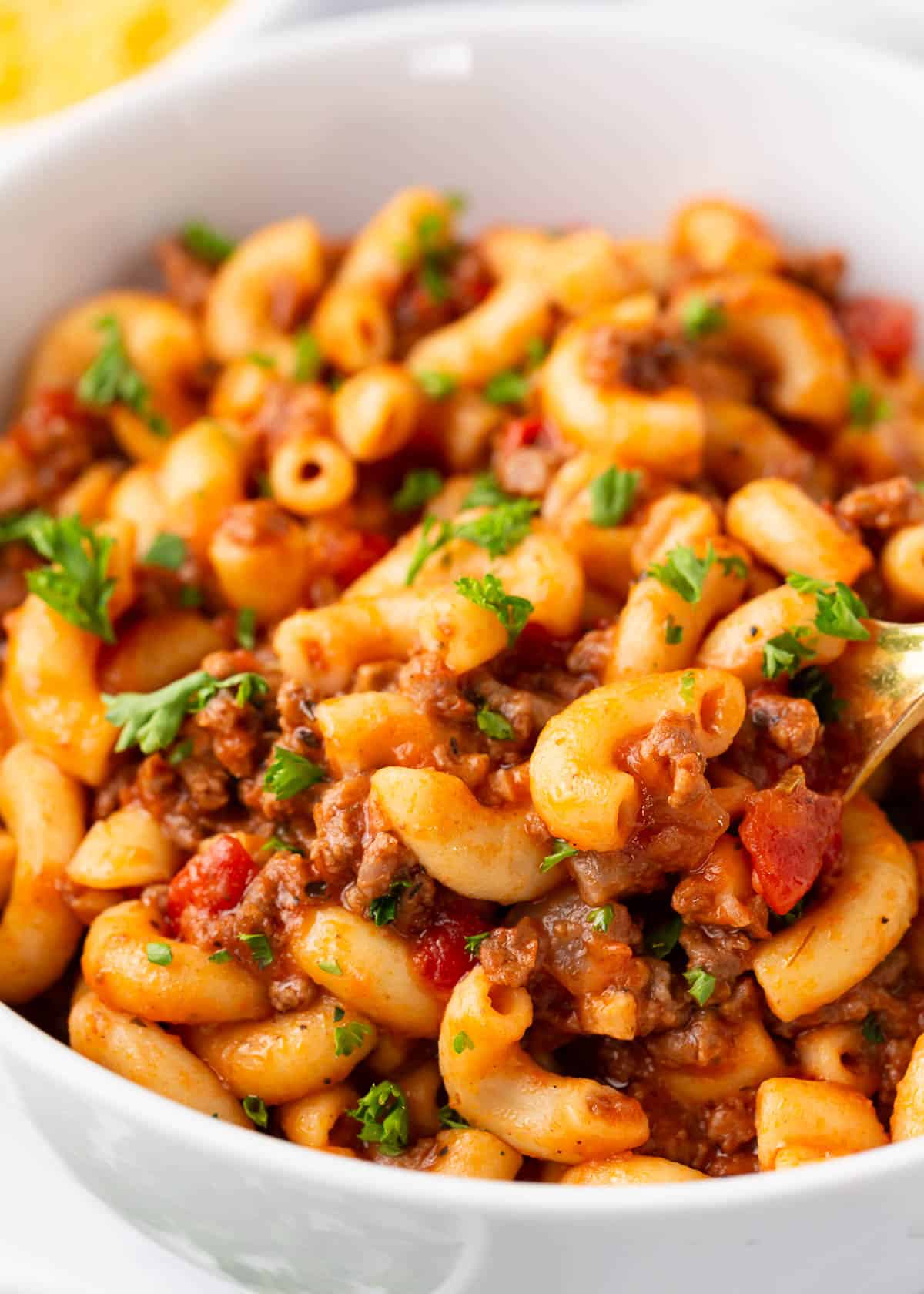 Instant pot goulash in a bowl.