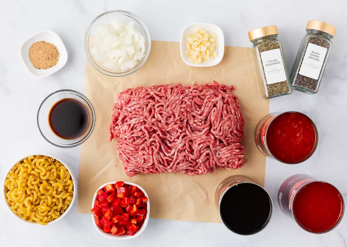 Instant pot goulash ingredients on the counter.