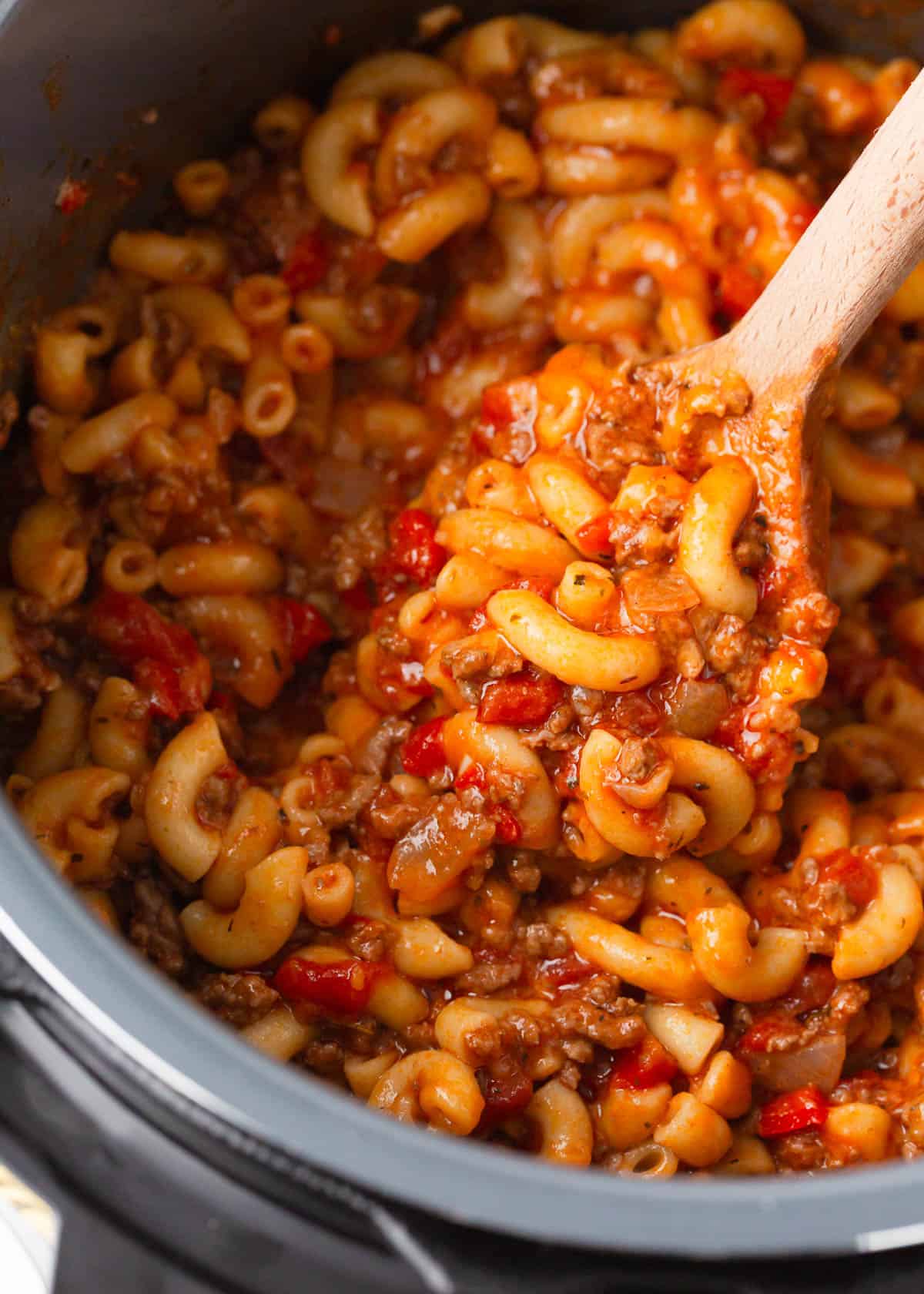 Spoonful of instant pot goulash.