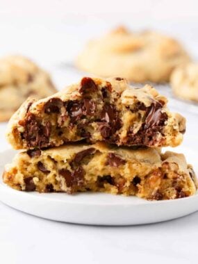 Levain chocolate chip cookies on a plate.
