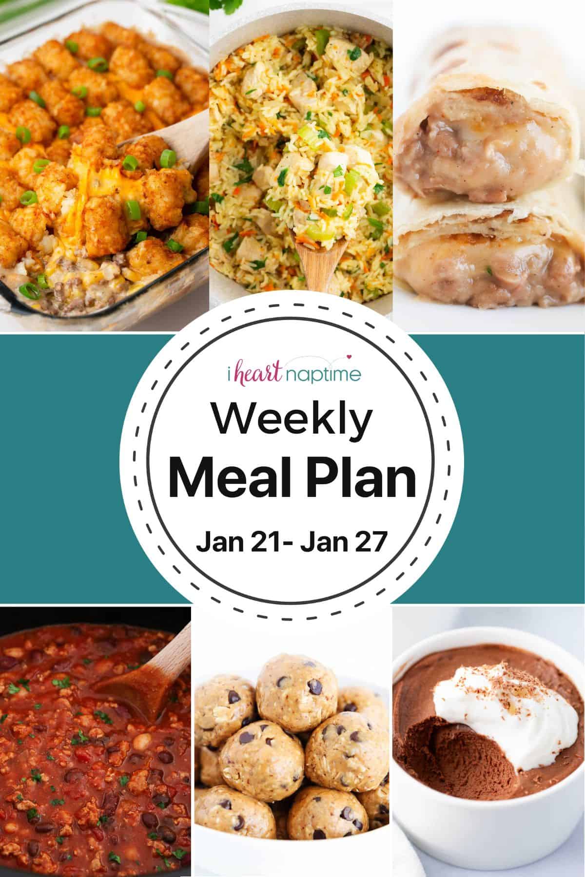 A collage of recipe photos for a weekly meal plan. 