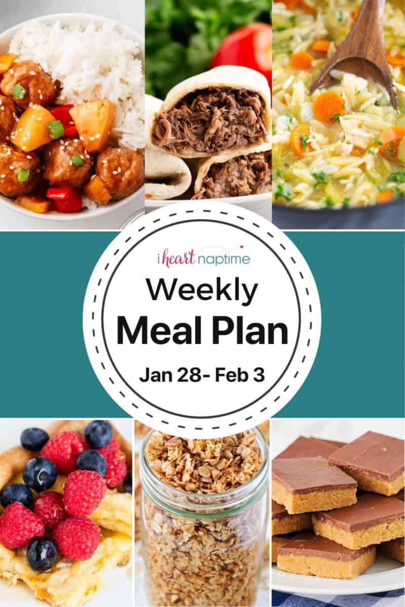 A photo collage of recipes for I Heart Naptime weekly meal plan.