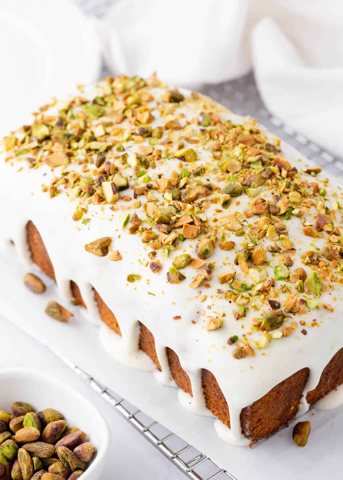 Pistachio bread with glaze on top.