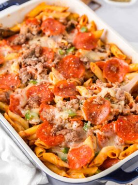 Pizza casserole in a baking dish.