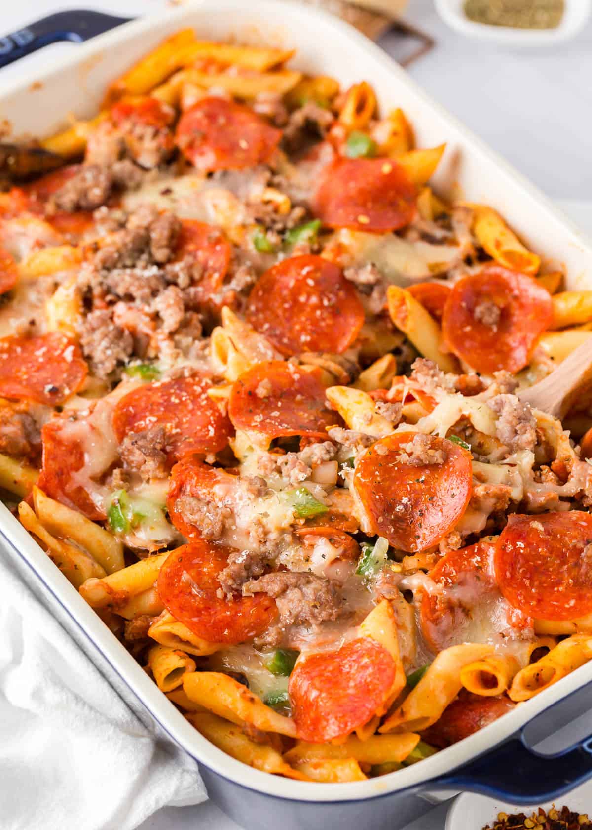 Pizza casserole in a baking dish.