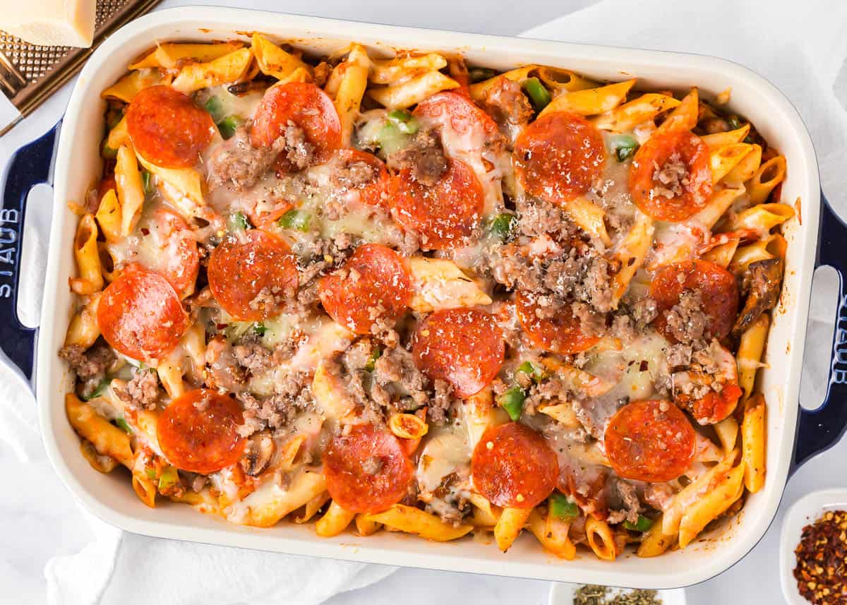 Pizza casserole in a baking dish. 