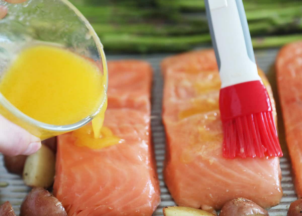 Showing how to bake salmon. 