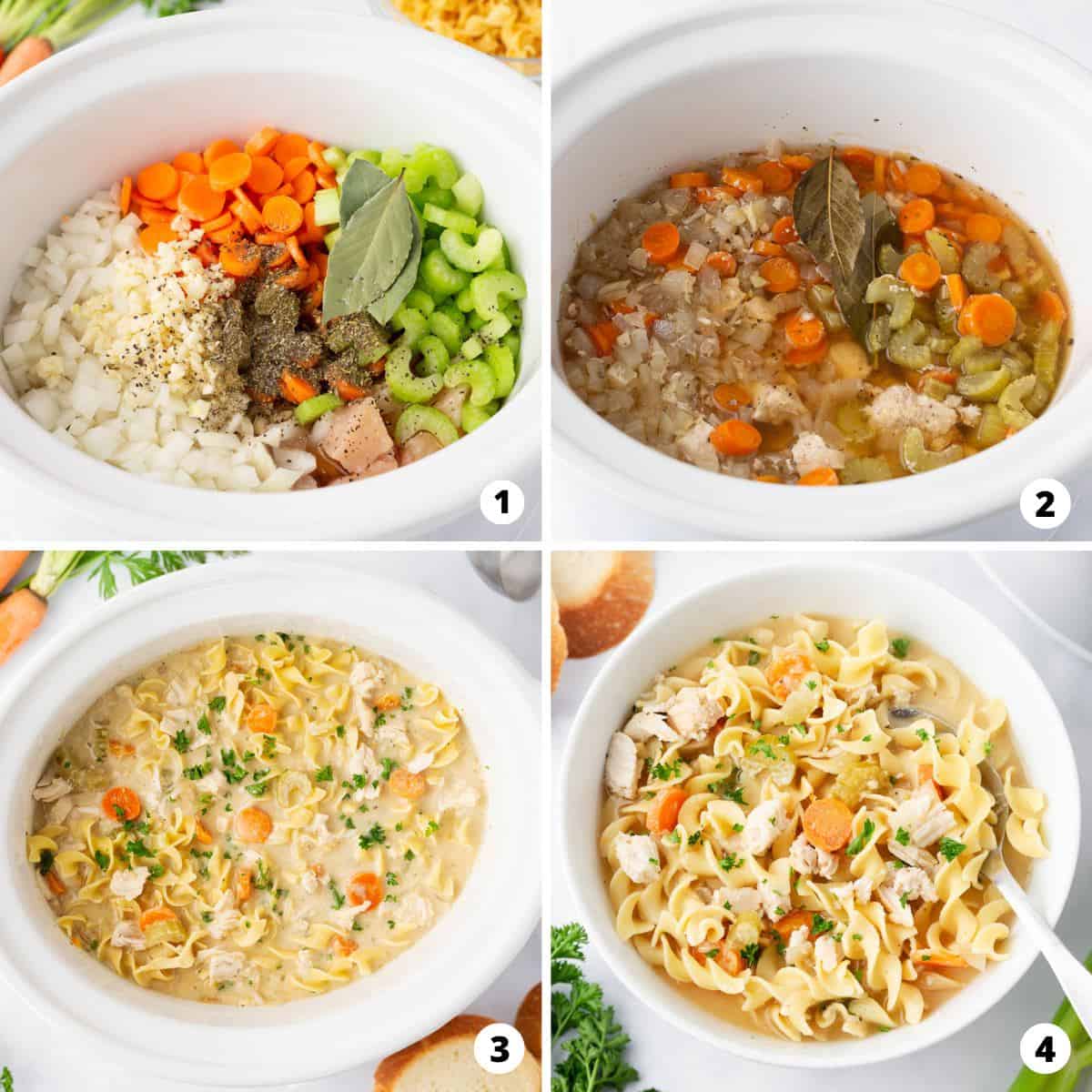 Showing how to make crockpot chicken noodle soup in a 4 step collage.