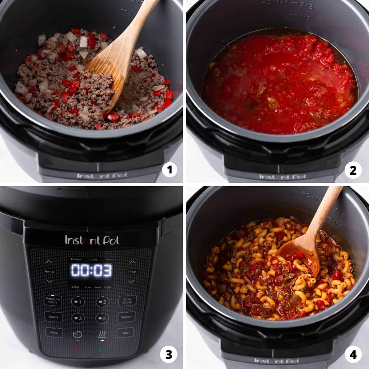 Showing how to make instant pot goulash in a 4 step collage.