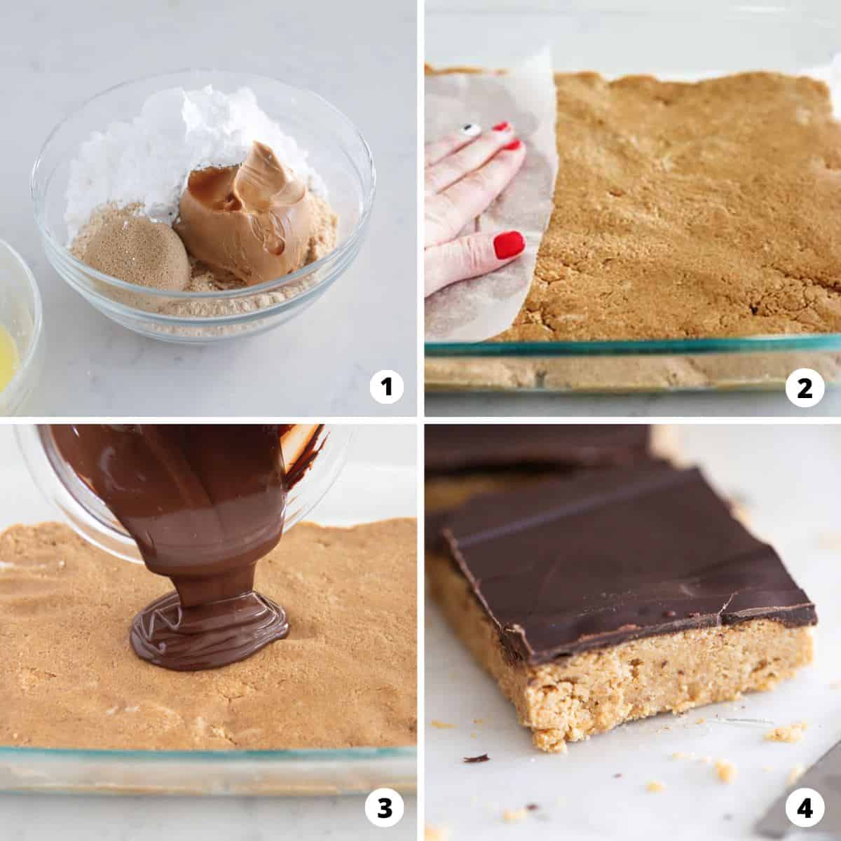 Showing how to make no bake peanut butter bars in a 4 step collage.