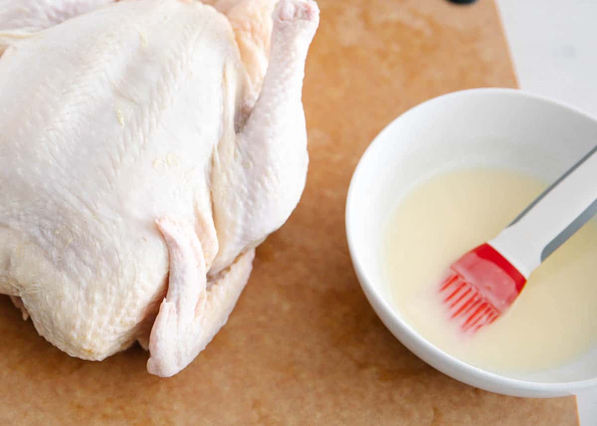 Roasted chicken ingredients on the counter.