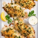 Baked fish on a sheet pan.