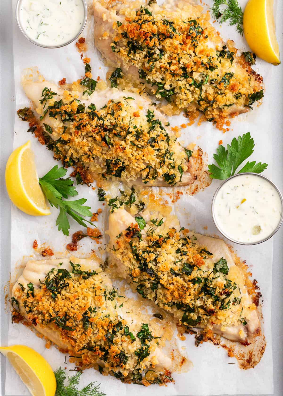 Baked fish on a sheet pan.