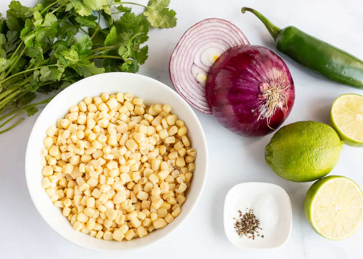 Corn salsa ingredients on the counter.