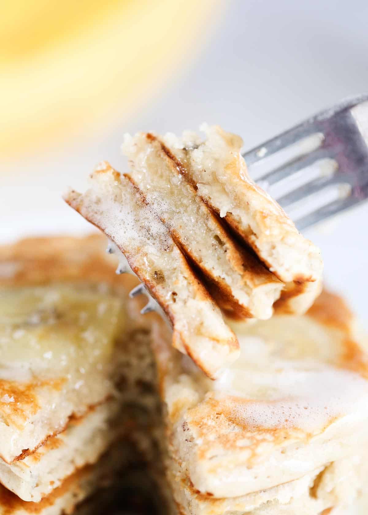 Banana pancakes on a fork.