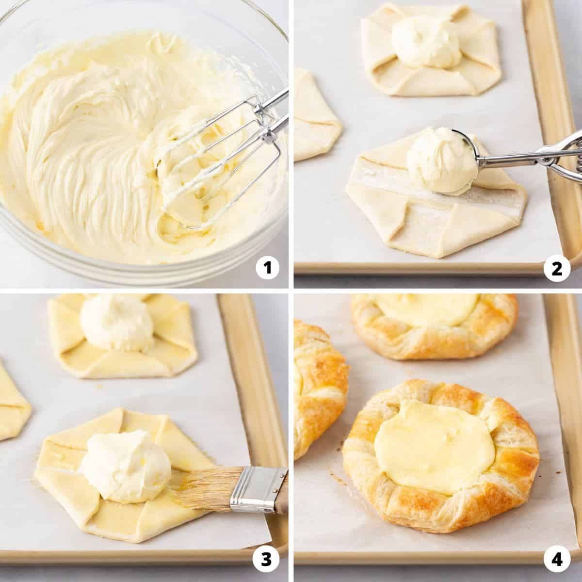 Showing how to make a cheese danish in a 4 step collage.