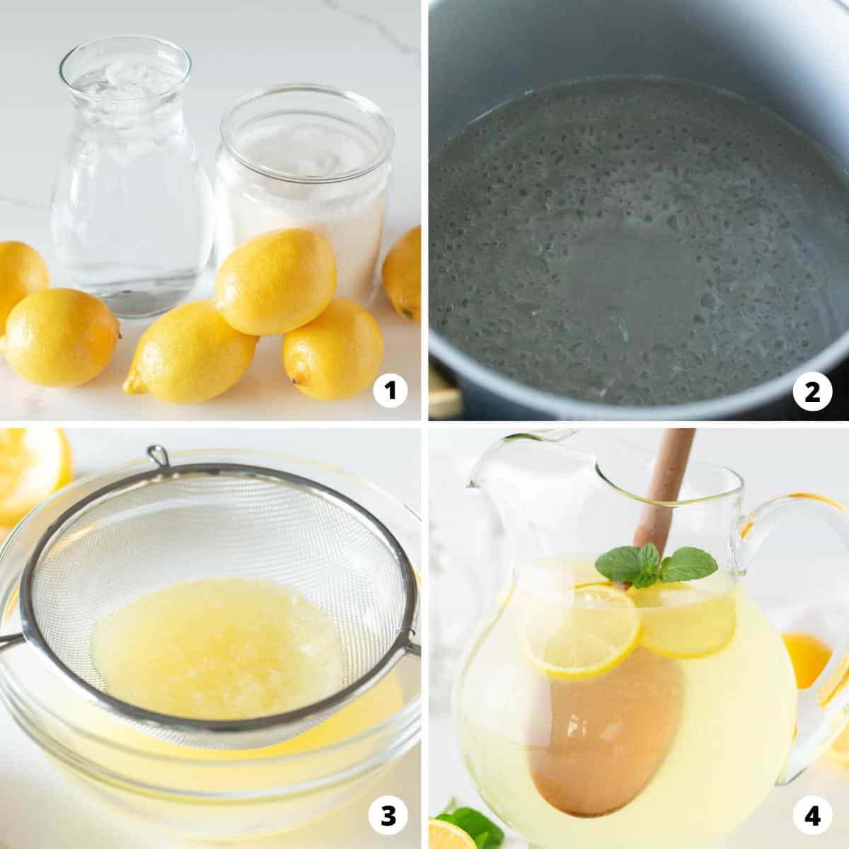 Showing how to make lemonade in a 4 step collage.