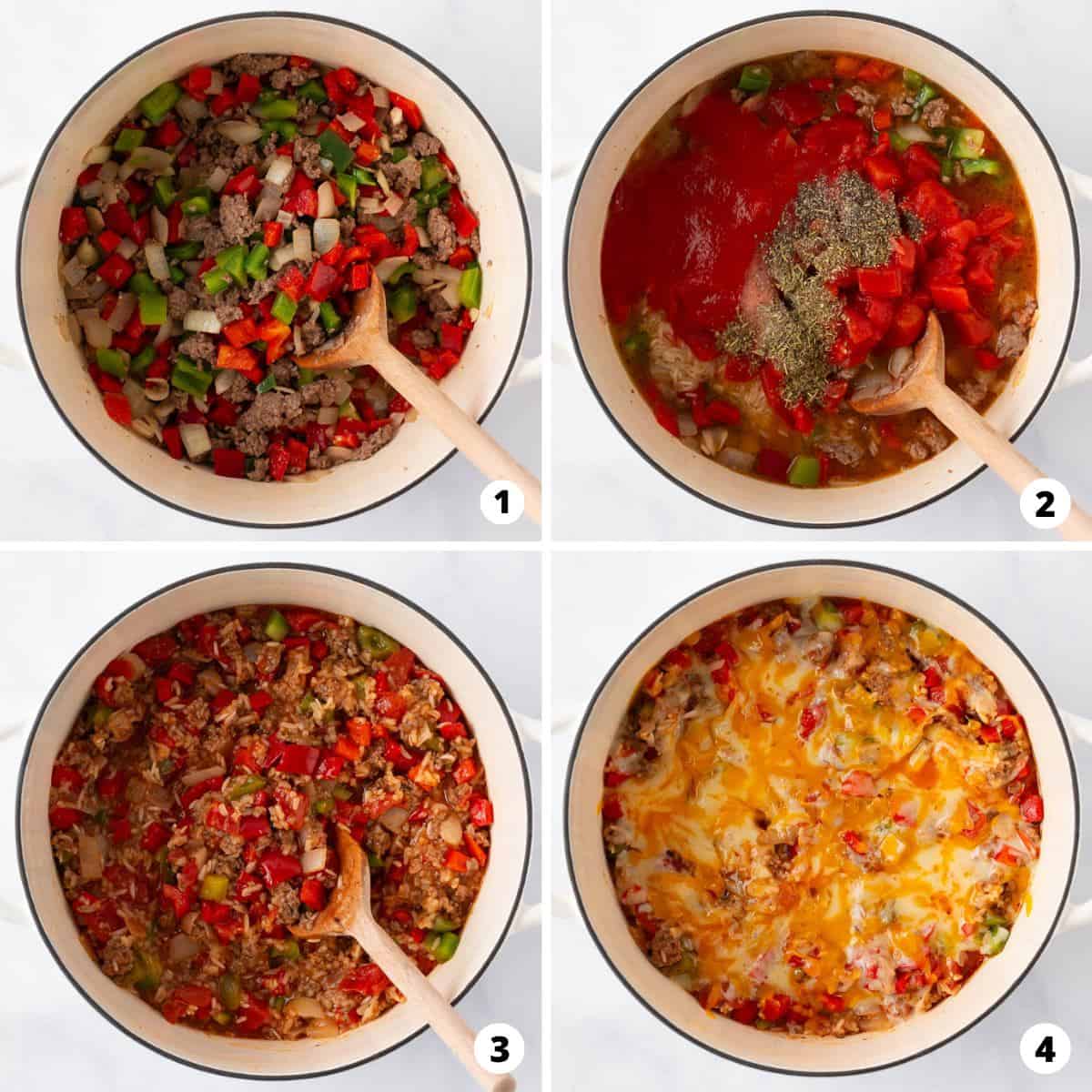 Showing how to make stuffed pepper casserole in a 4 step collage.