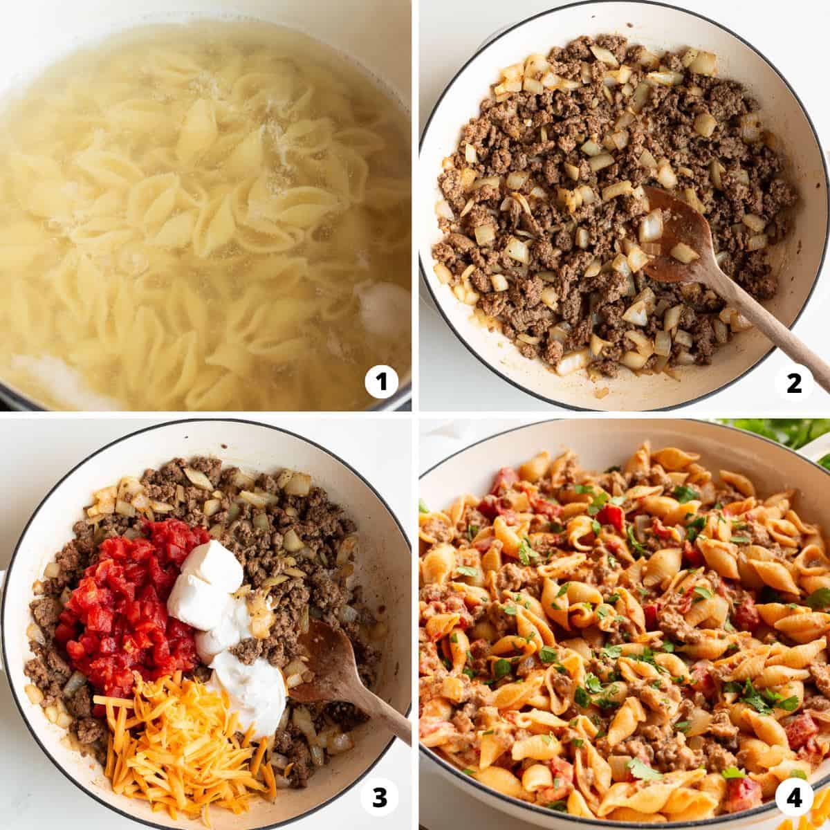 Showing how to make taco pasta in a 4 step collage.