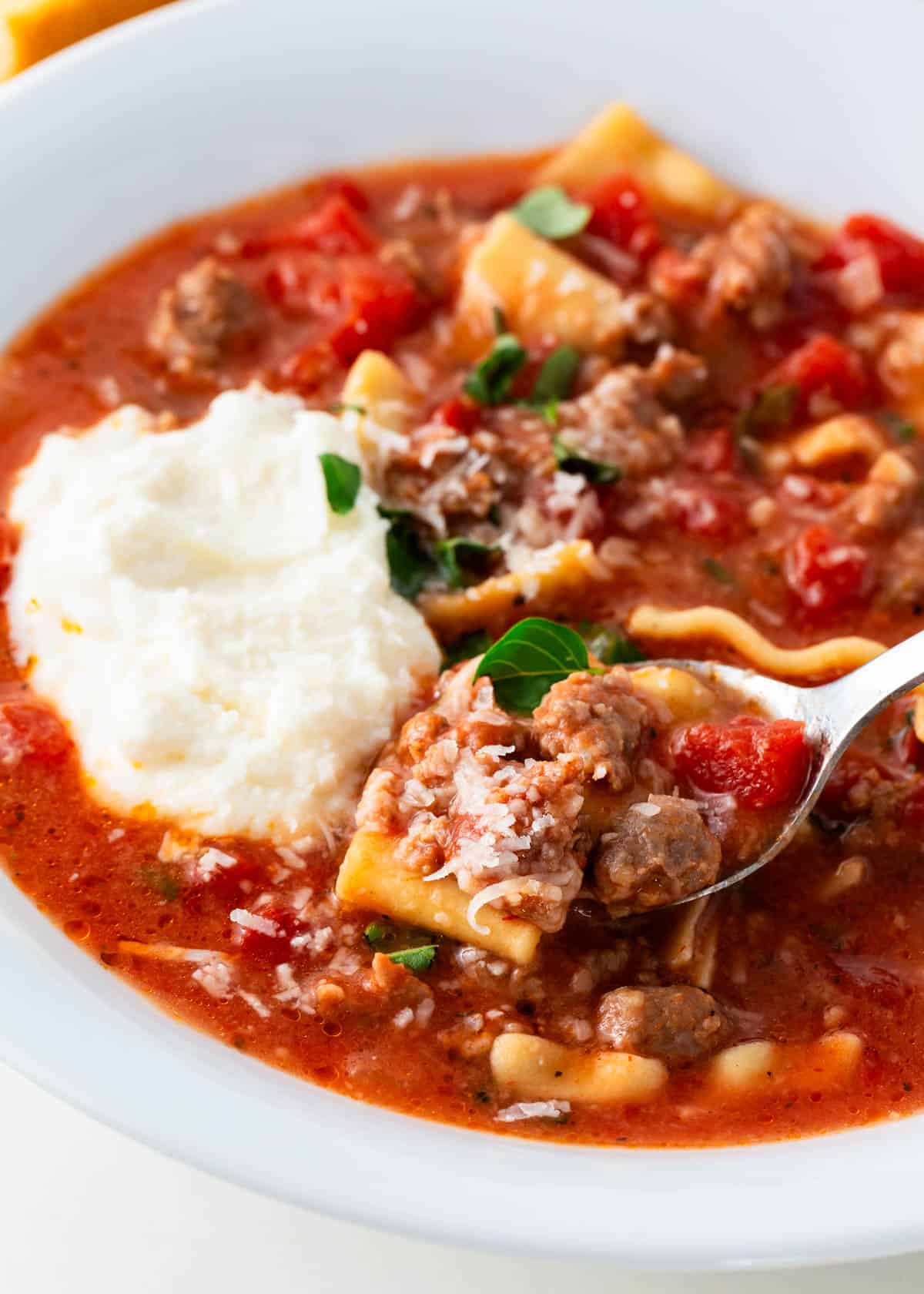 Lasagna soup in a bowl.